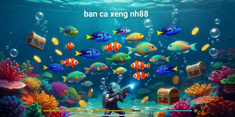 Hình minh họa giao diện trò chơi bắn cá xèng nh88 với cá bơi lội sôi động