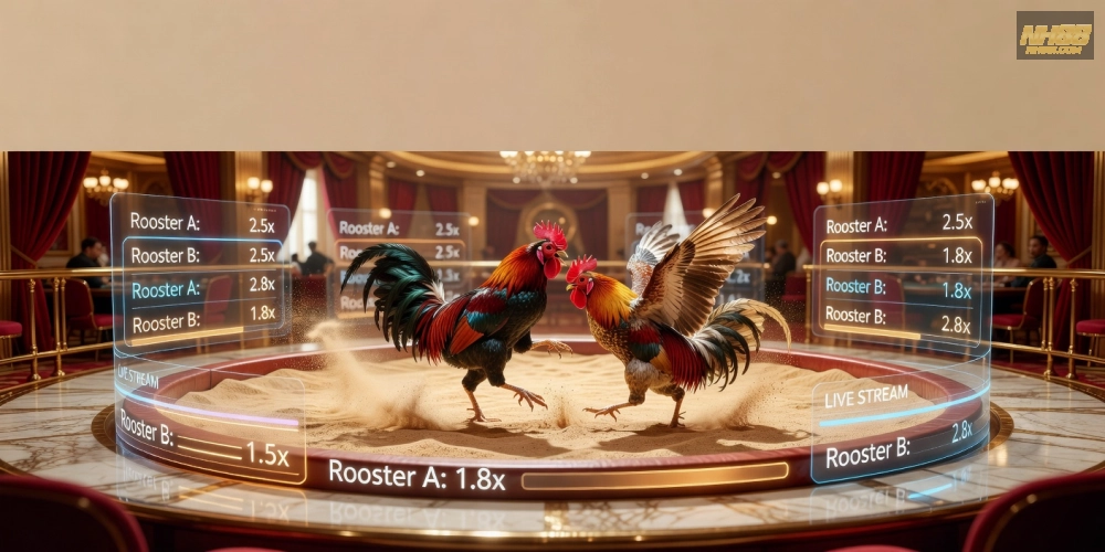 Minh họa khái niệm đá gà trực tiếp tại casino NH88 với hình ảnh trường đấu hiện đại