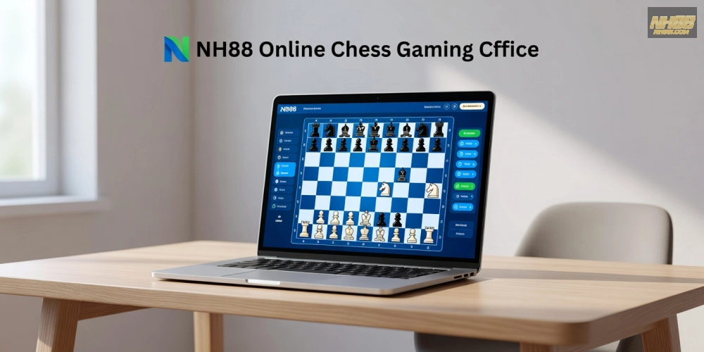 Hình ảnh minh họa bàn cờ vua trên nền tảng NH88 với giao diện hiện đại và người chơi đang suy nghĩ nước đi