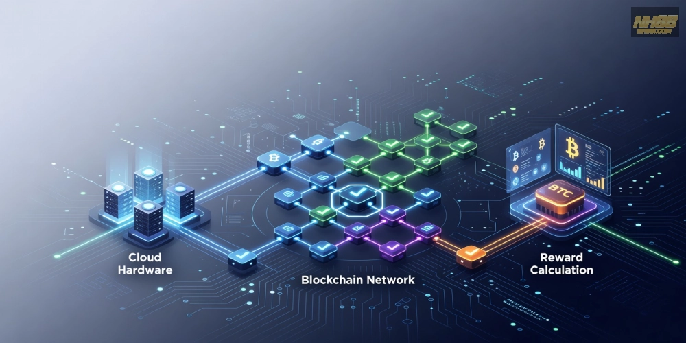 Hình minh họa khái niệm hướng dẫn đào Bitcoin trên nền tảng NH88 với quy trình cơ bản và công nghệ hiện đại.