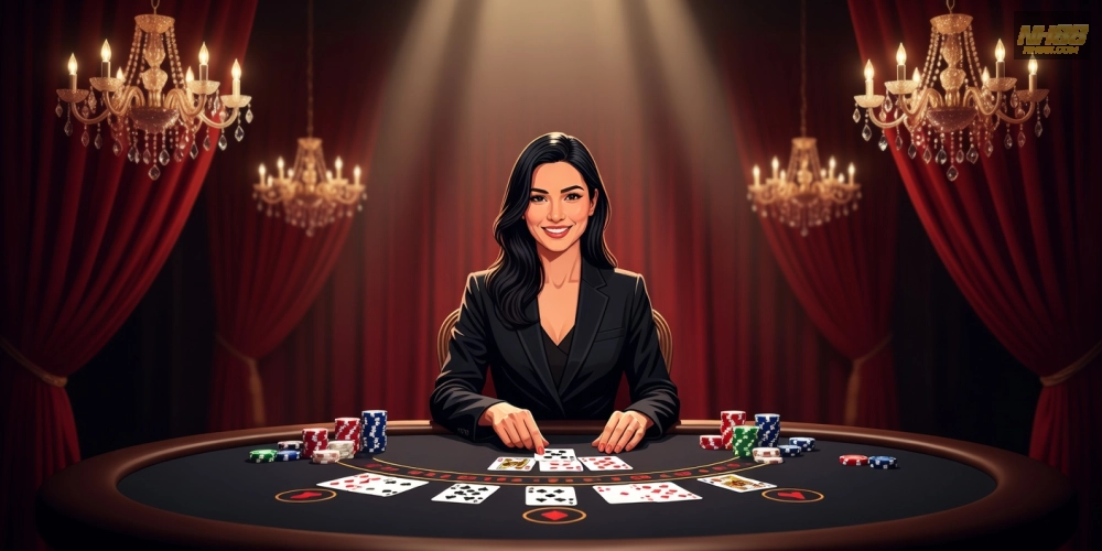 Minh họa khái niệm live casino house nh88 với dealer thực và giao diện hiện đại hấp dẫn người chơi.