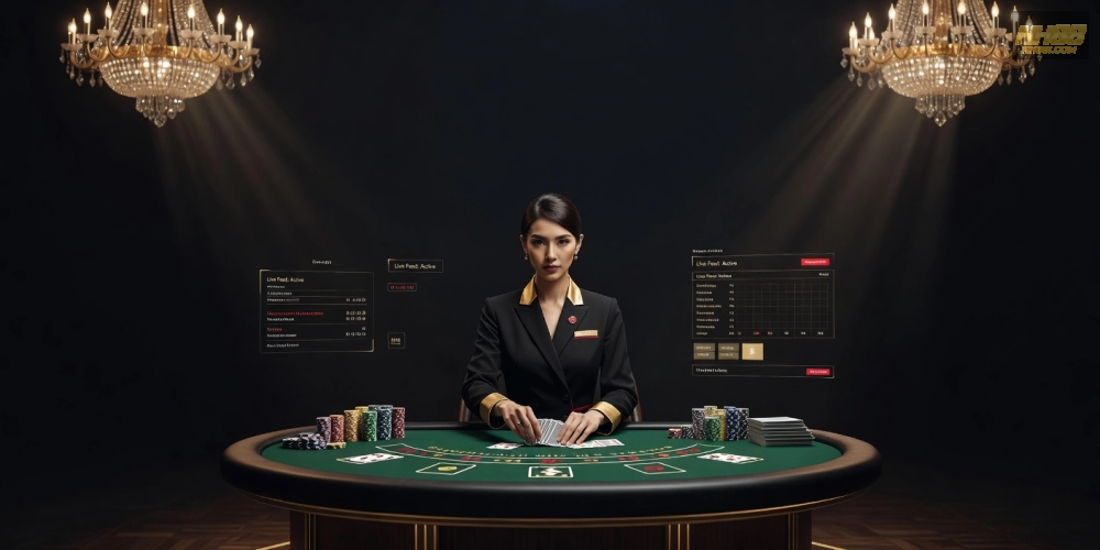Minh họa khái niệm live casino nh88 với dealer chuyên nghiệp và giao diện hiện đại