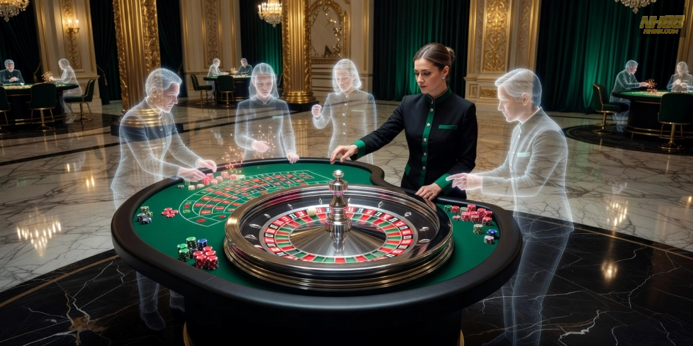 Hình ảnh trải nghiệm live casino house tại W88 với bàn chơi roulette sôi động và người chơi hứng thú.